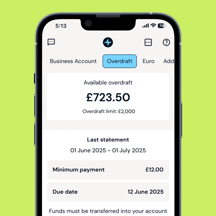 Business Overdraft being shown on the Zempler Bank App