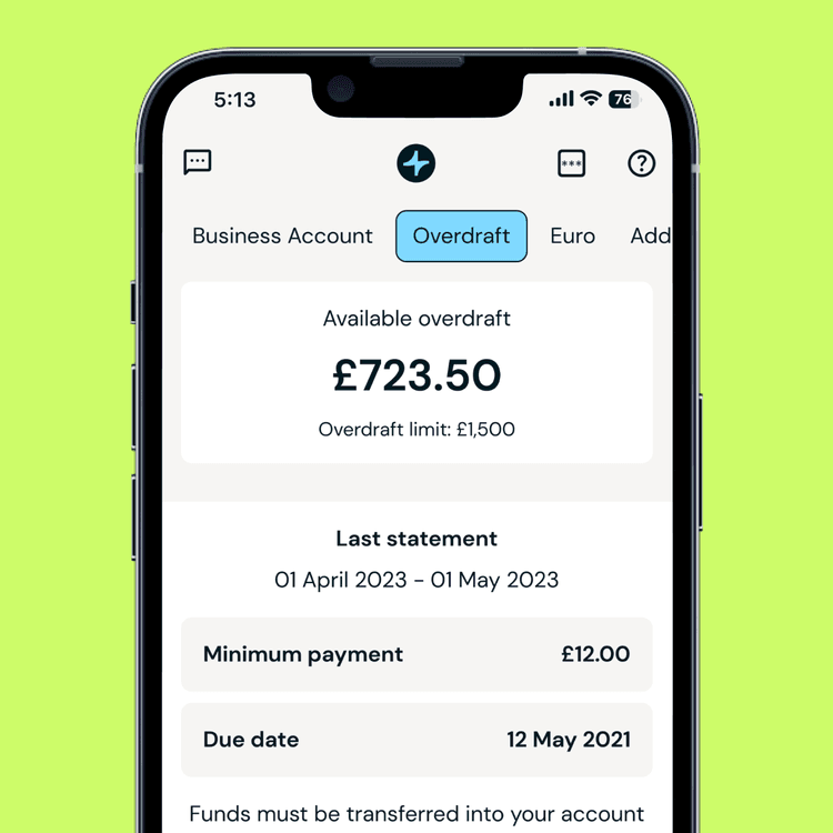 Zempler Bank app business overdraft screen
