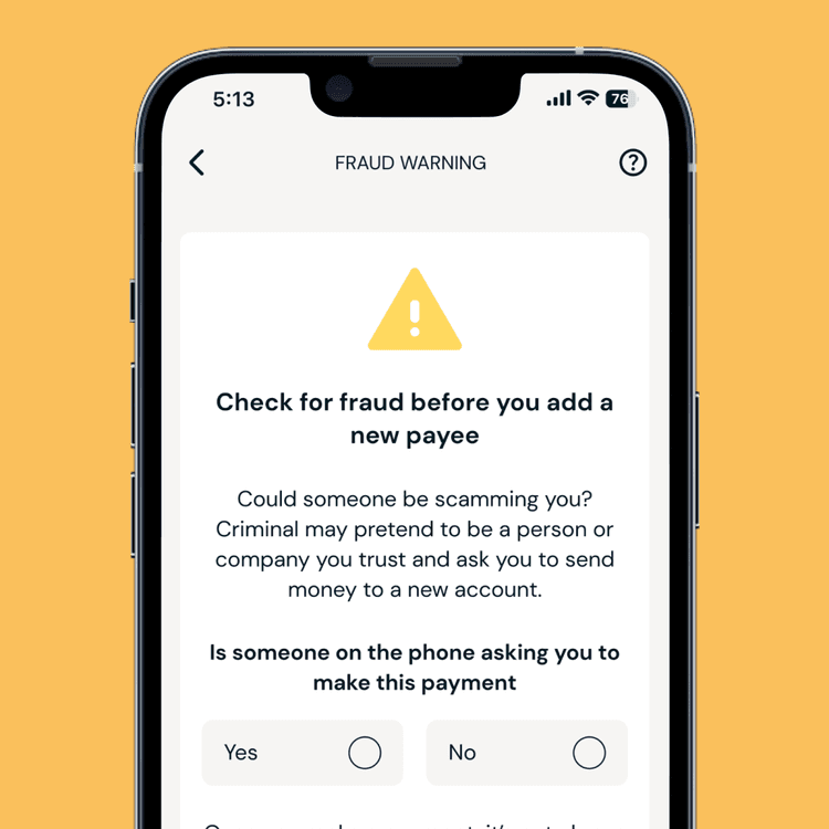 Zempler Bank app payee fraud screen