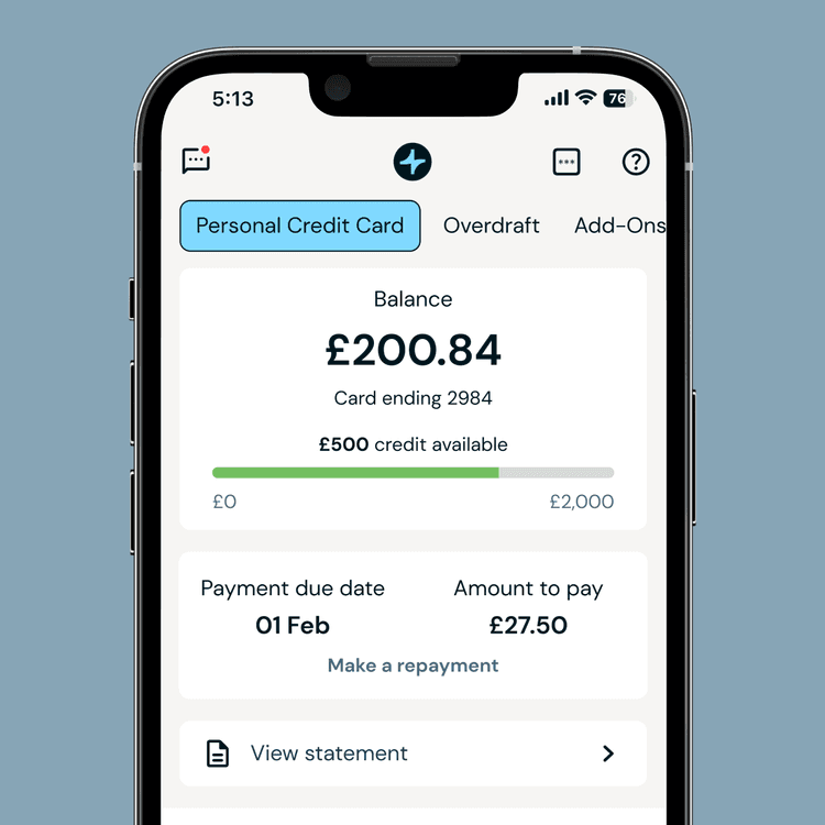 Zempler Bank app personal credit card screen